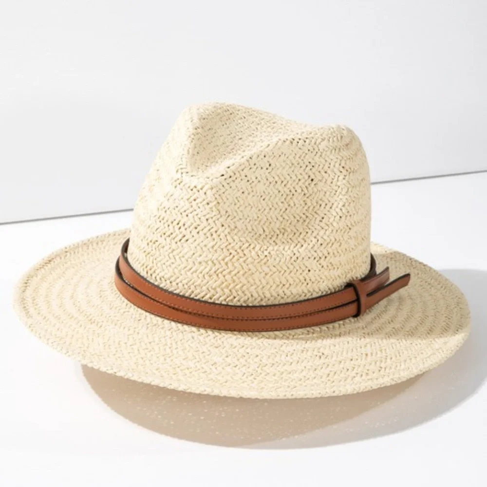 SOLD OUT Natural Woven Panama Hat w/ Faux Leather Double Band Women's - Picture 5 of 7